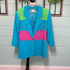 Vintage Sunny Lady Colorblock Blazer – 80s Neon – Size 14W – Made in USA